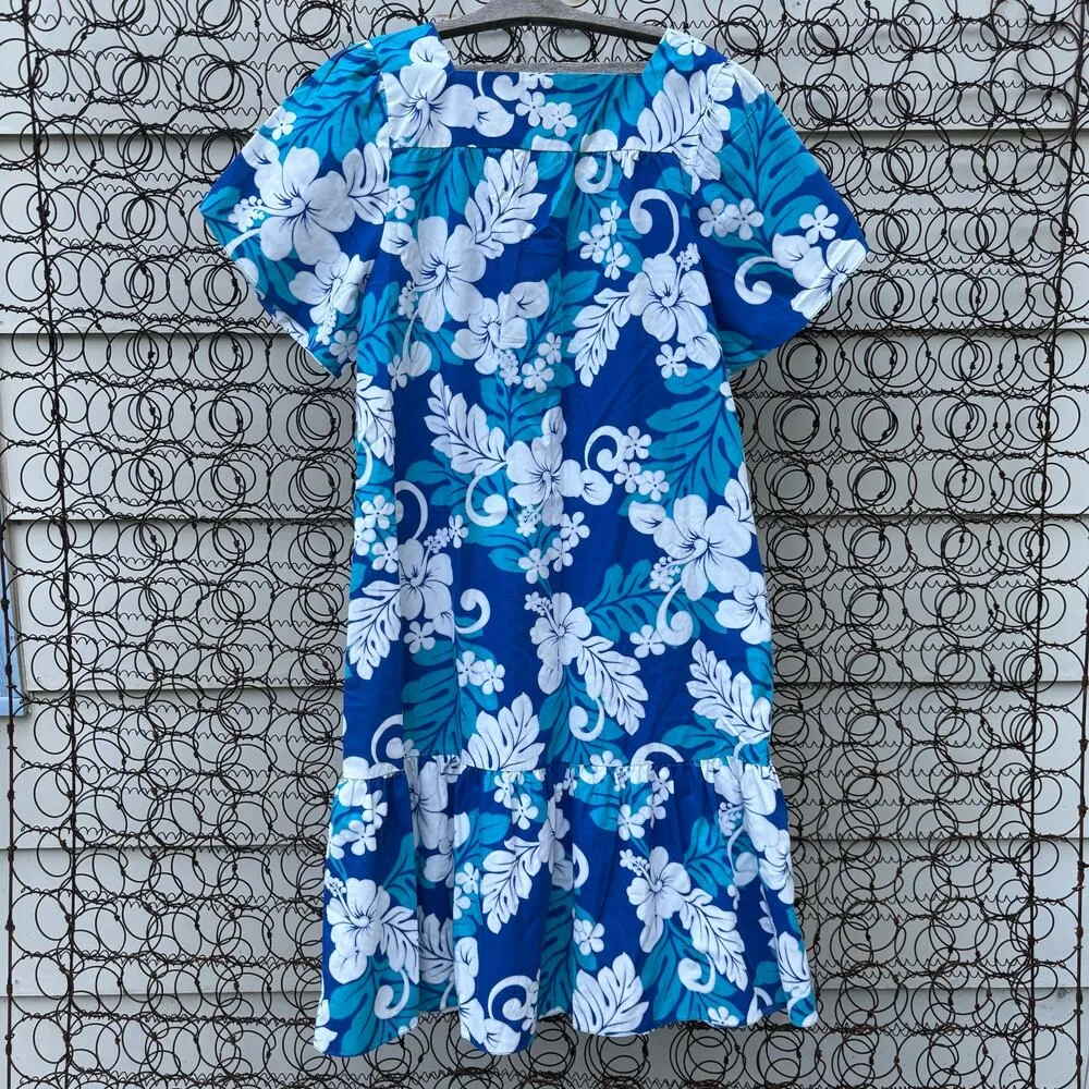 VTG Winnie Fashion Hawaiian Blue Tropical Floral Ruffle Hem Tulip Sleeve Dress L Size L - Image 2
