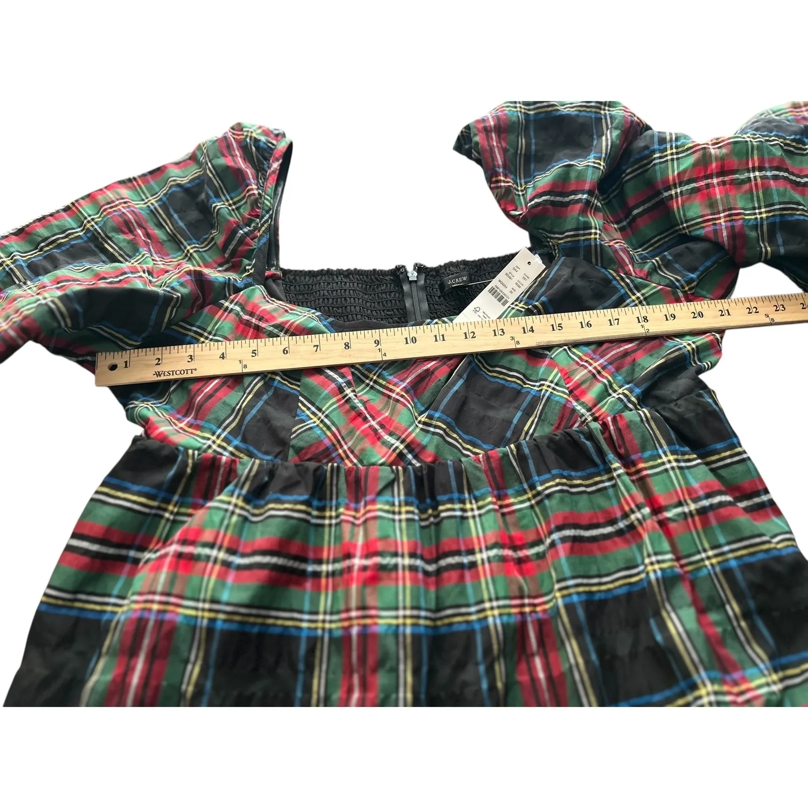 J. Crew Plaid Square Neck Smocked Puff Sleeve Dress Size 20 Black Red Green - Image 7