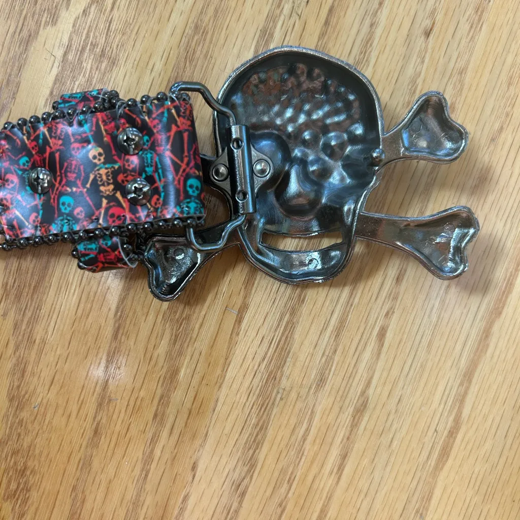 Printed Rhinestones Big Skull And Bones Buckle Red Belt Punk Goth 49” - Image 6