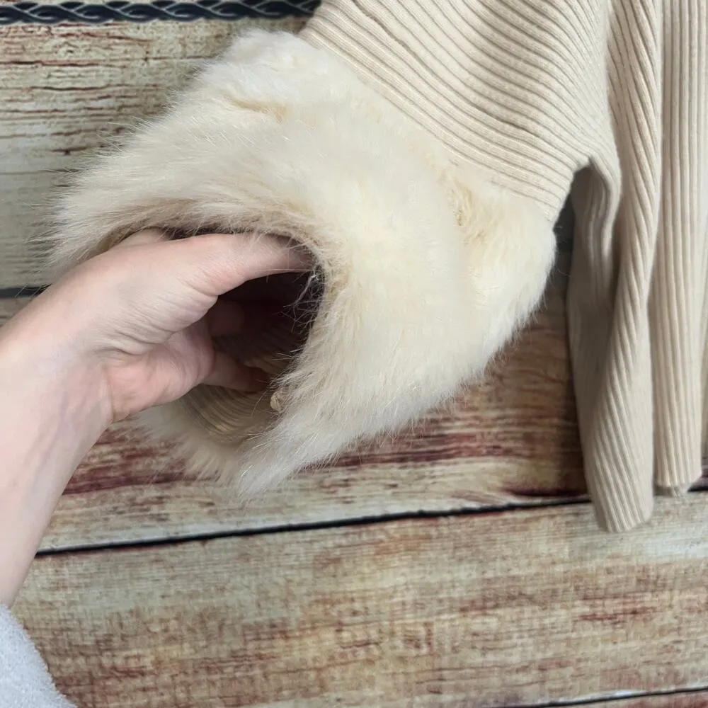 The Linen Duck Faux Fur Cuff Sweater Small Fits XL Ribbed Crewneck Boho Dolman - Image 3