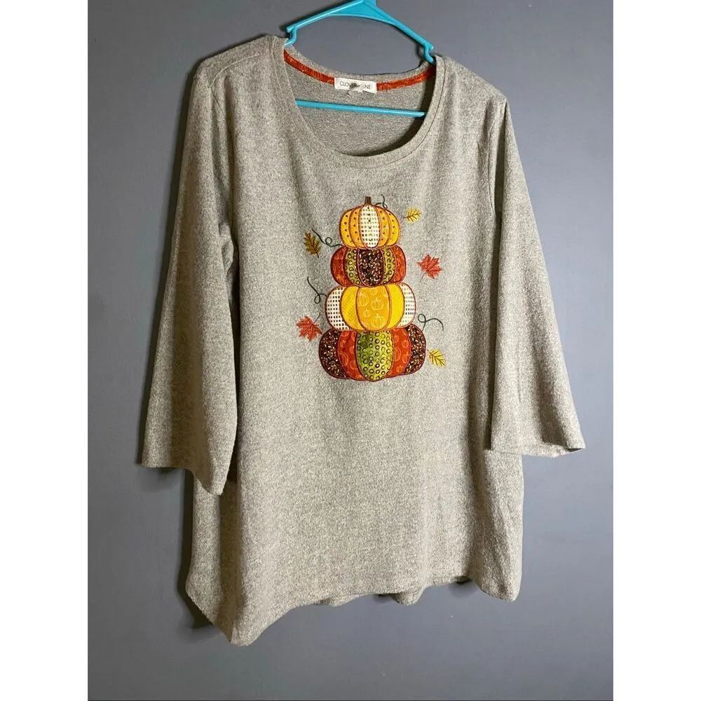Clover + Pine Gray Pumpkin Fall Embroidered Crew Neck 3/4 Sleeve Top XL - Image 2
