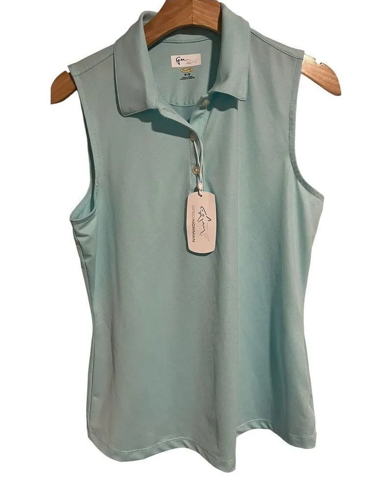 Greg Norman Shirt Womens Medium Aqua Blue Golf Polo Top Blouse Sleeveless NEW - Image 1