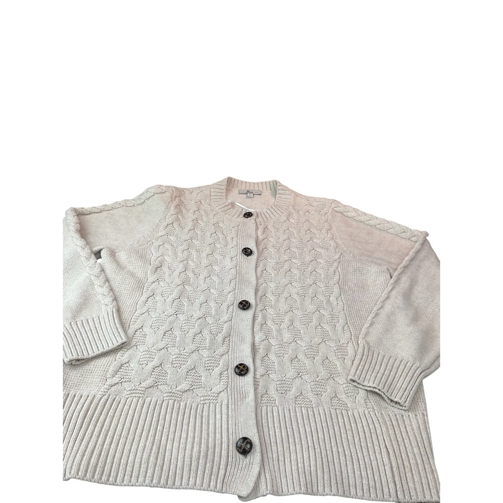 G H Bass & Co Cable Knit Cardigan Sweater Beige Button Front Long Sleeve Women L Tan Size L - Image 5