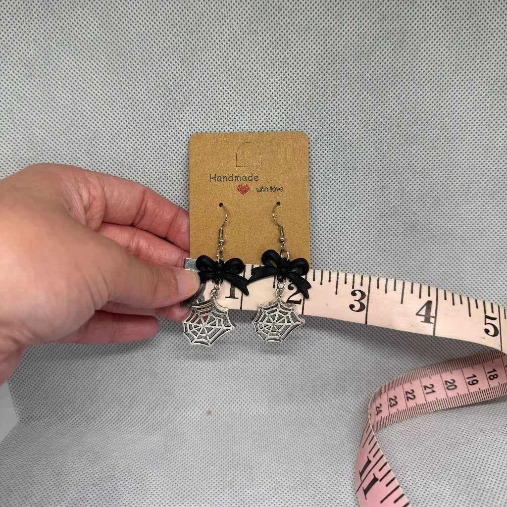 Handmade Bow and Spider Web Earrings Silver - Image 5