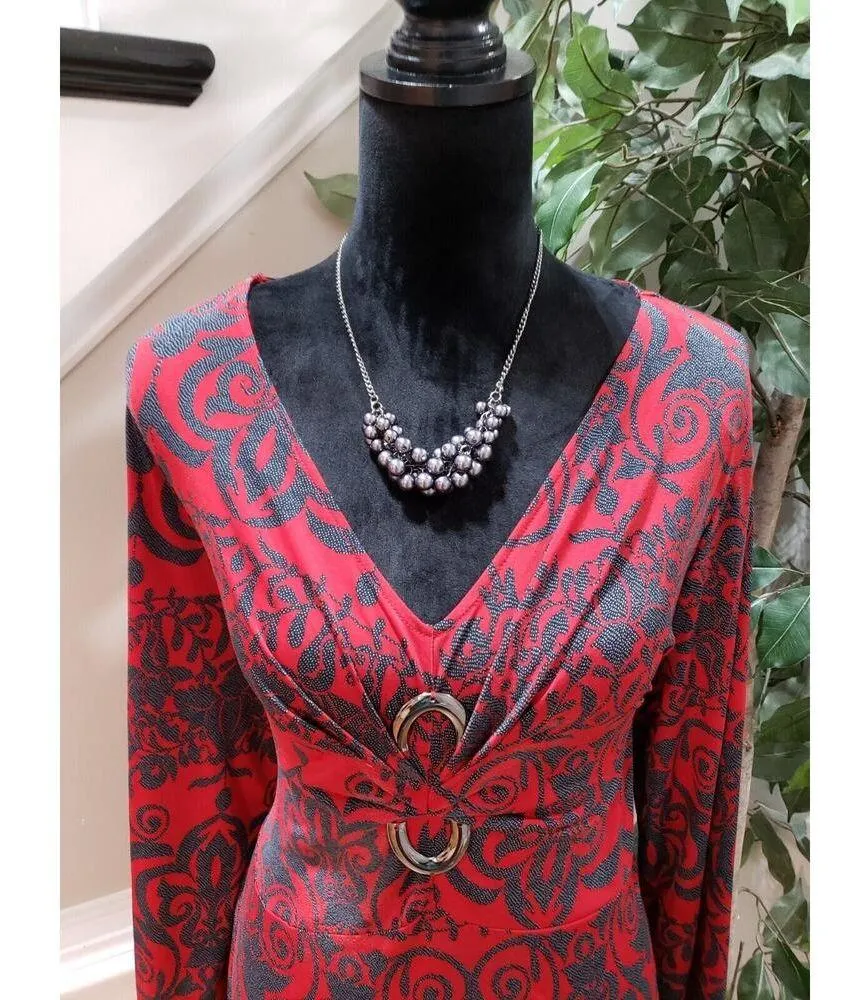 Jaclyn Smith Women's Red Floral Knot Hem V Neck Long Sleeve Top Blouse Large - Image 3