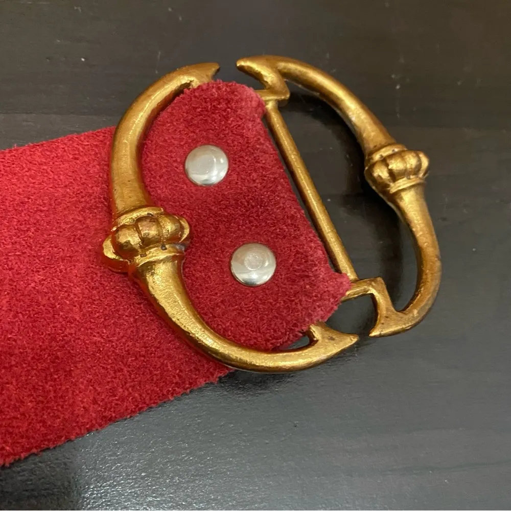 Vintage Red Soft Suede Leather with Gold Buckle Belt - Image 8