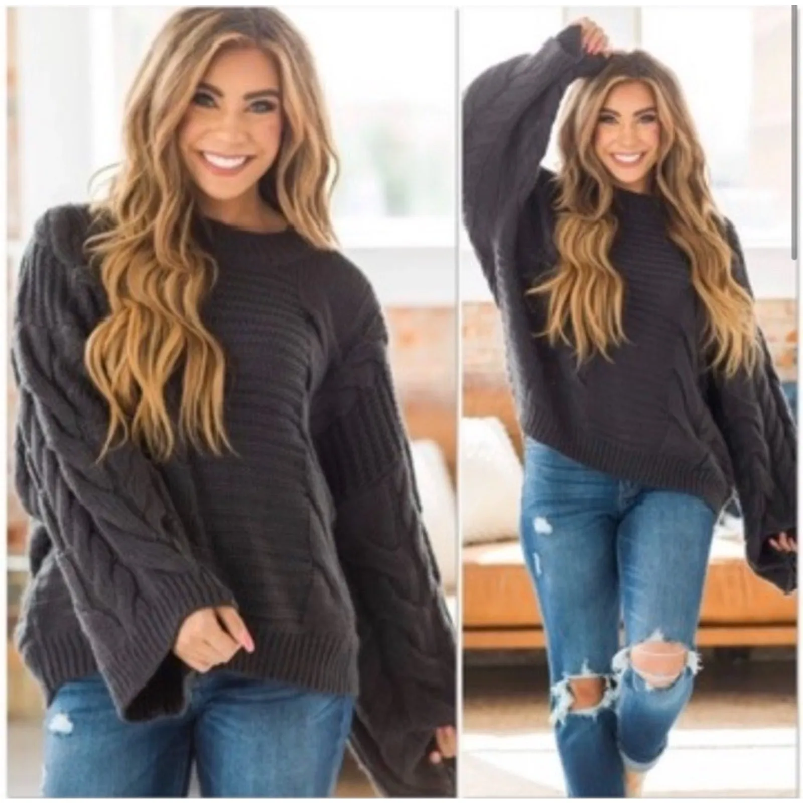 Zenana Wide Bell Sleeves Sweater Crew Neck Pullover Gray Cable Knit Size Small‎ - Image 14