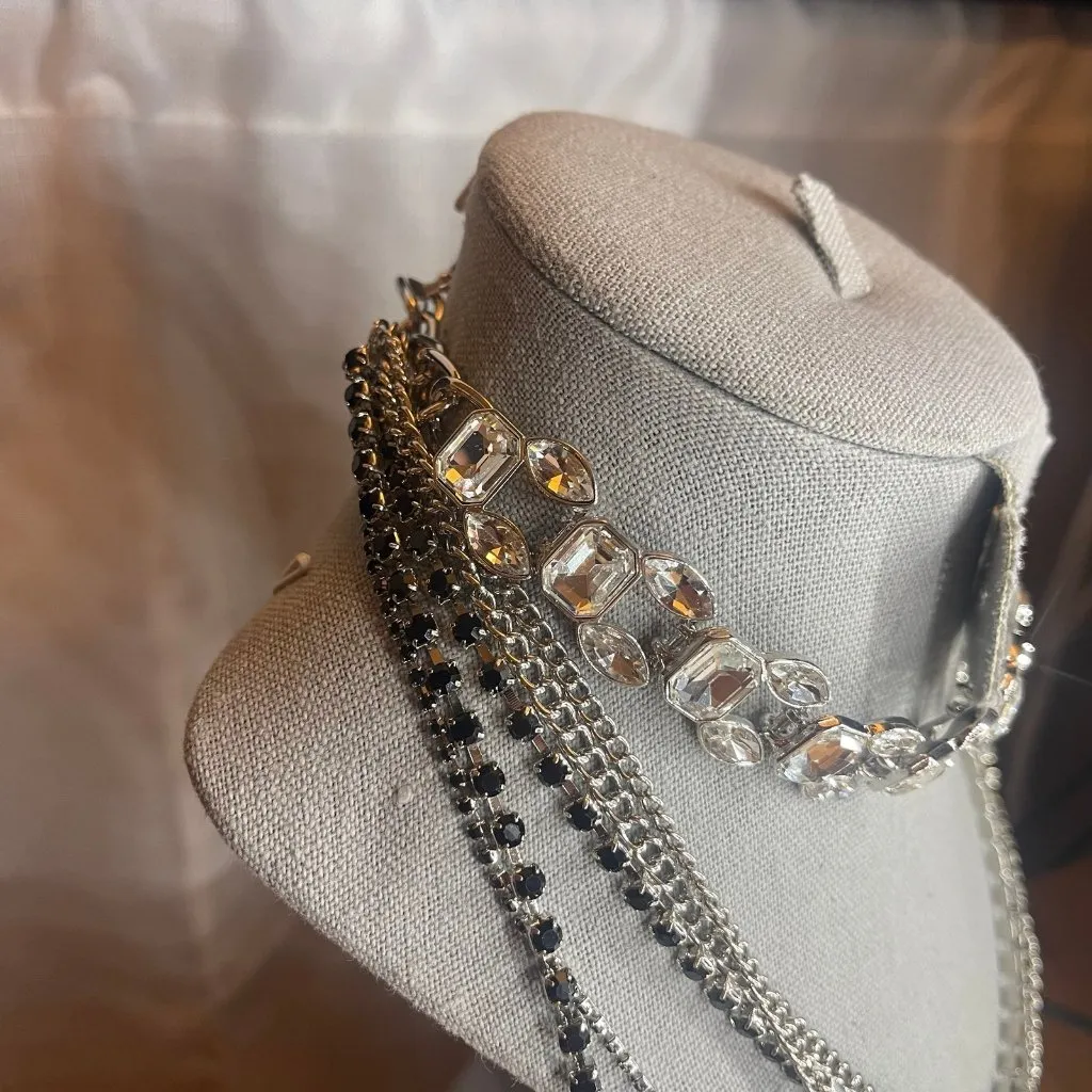 Silver & Black Layered Chain Necklace with Crystal Accents unmarked unbranded - Image 5