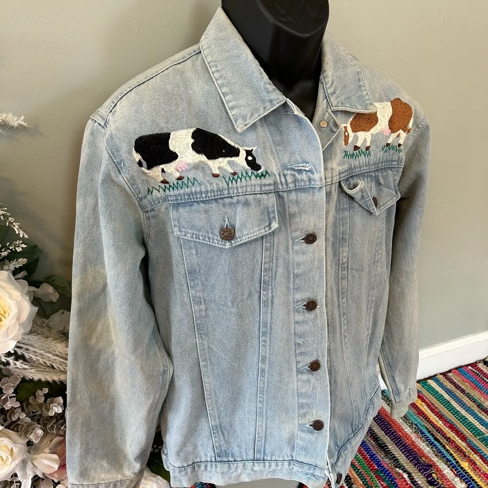 80s 90s Cow Embroidered Denim Jacket Blue Jean Medium Vintage Farmhouse - Image 4