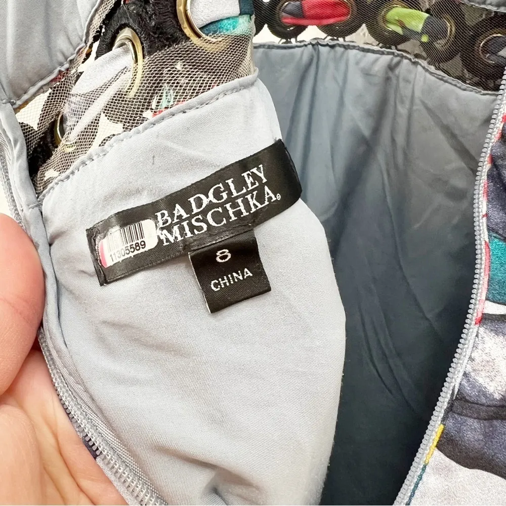 Badgley Mischka Floral Grommet Maxi Blue Gown Sleeveless Cocktail Size 8 - Image 5