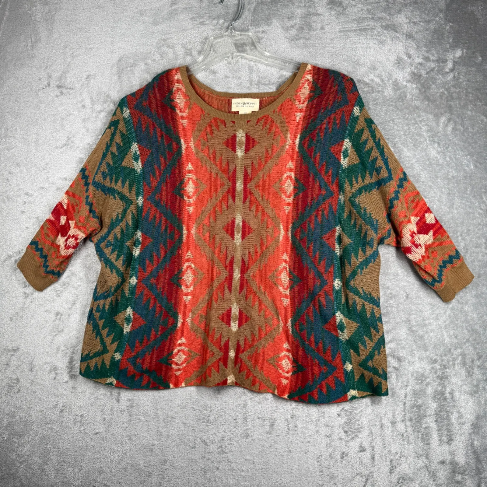 Denim & Supply Ralph Lauren Sweater Orange Aztec Knit Pullover 3/4 Sleeve Size M - Image 2