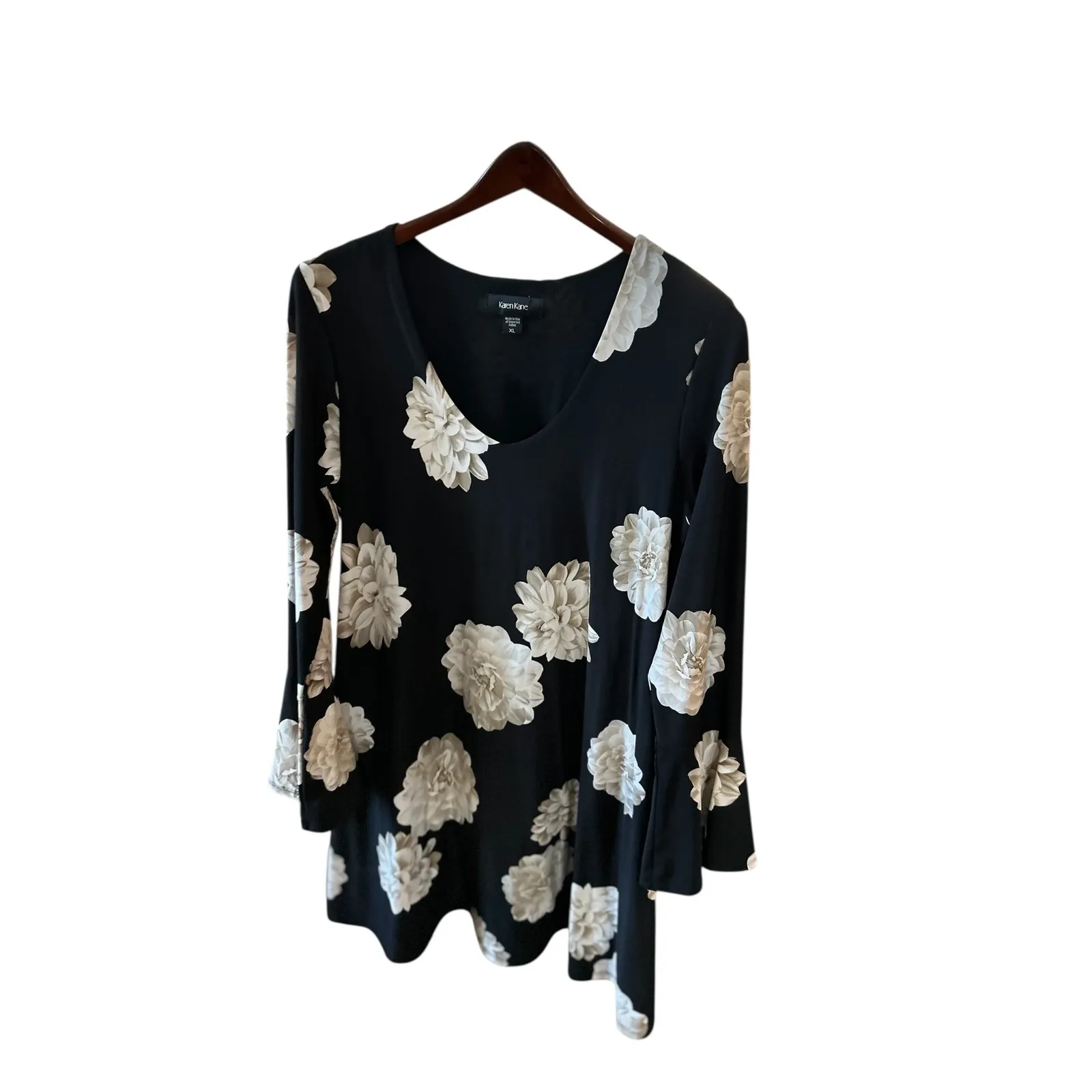Karen Kane Black Floral Bell Sleeve V Neck Flared‎ Dress Womens XL - Image 3