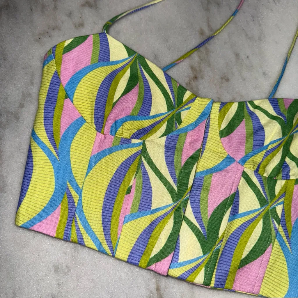 Zara Linen Blend Abstract Wave Print Structured Bustier Crop Top - Image 2