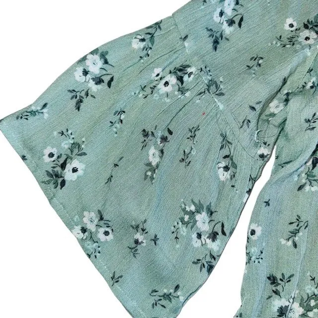Millibon Floral‎ Blouse V Neck Bell Sleeve Smocked Top Green Size M Size M - Image 5