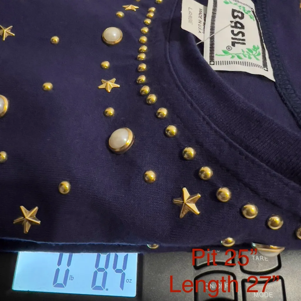 Basil Beaded Star Ladies Cotton Navy Size Large T Shirt : Box Y: Blue - Image 8