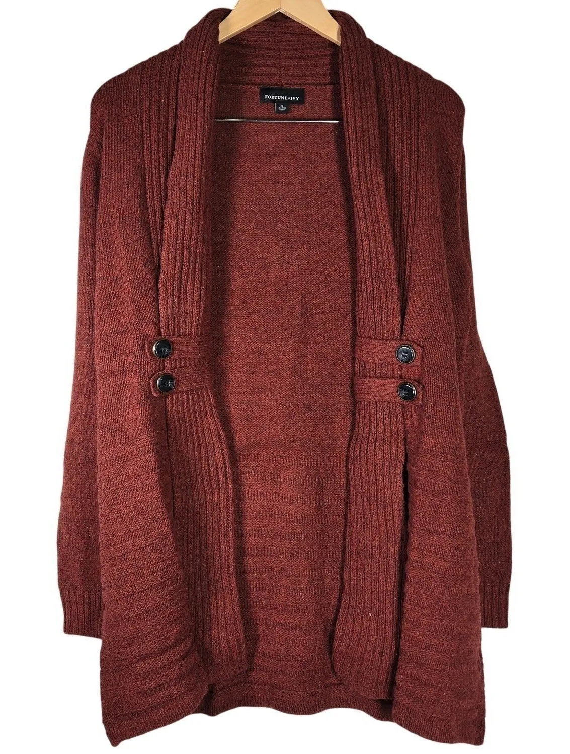 Fortune & Ivy Raiden Tab Metallic Button Detail Open Front Cardigan Rust S NIB - Image 1