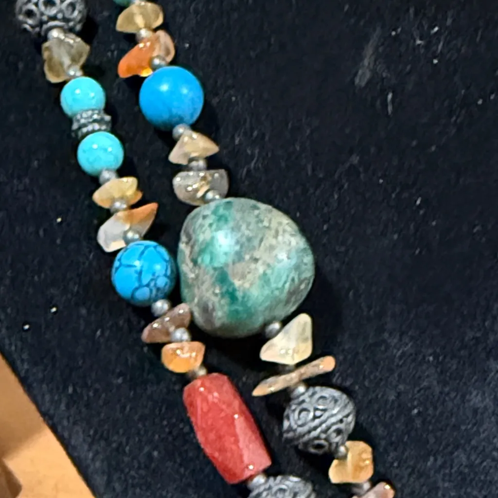 Vintage genuine polished turquoise and natural stone double strand necklace Blue - Image 4