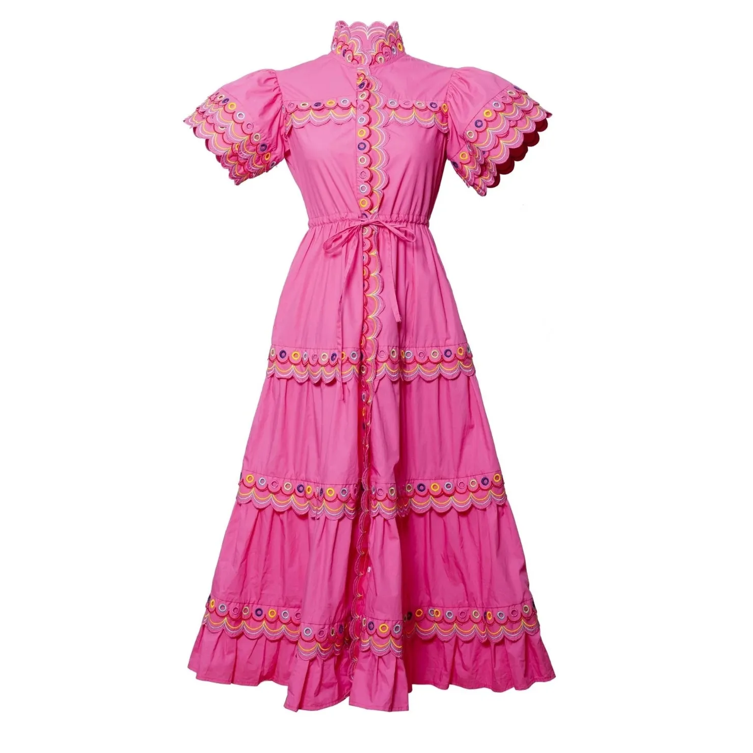 Celia B Alvis Embroidered Tiered Midi Dress Fuchsia Size XS NWT Colorful Scallop Pink - Image 3