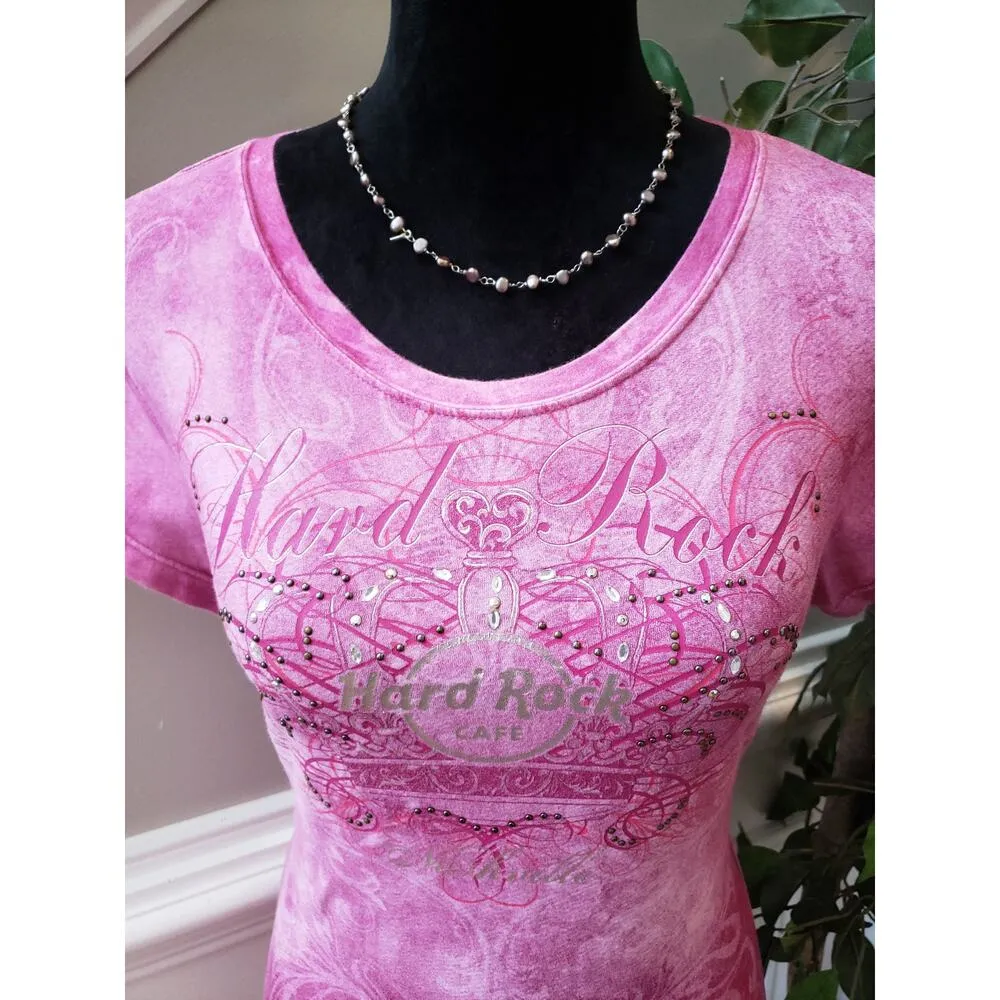 Hard Rock TShirt Womens Medium Pink Rhinestone Graphic Tee Fitted Casual Top - Image 2