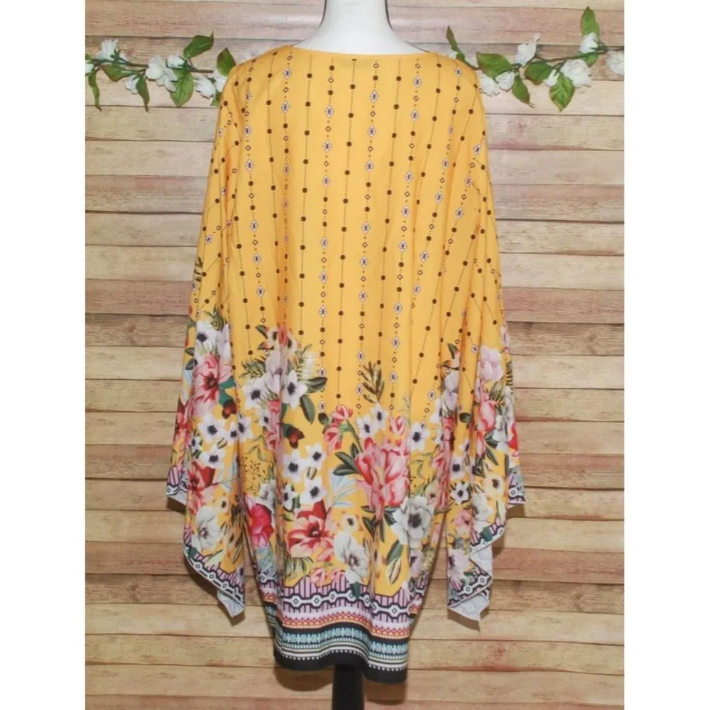 Shein Curve 2XL Yellow Shift Dress Long Kimono Sleeve Floral Knee Length Casual - Image 8