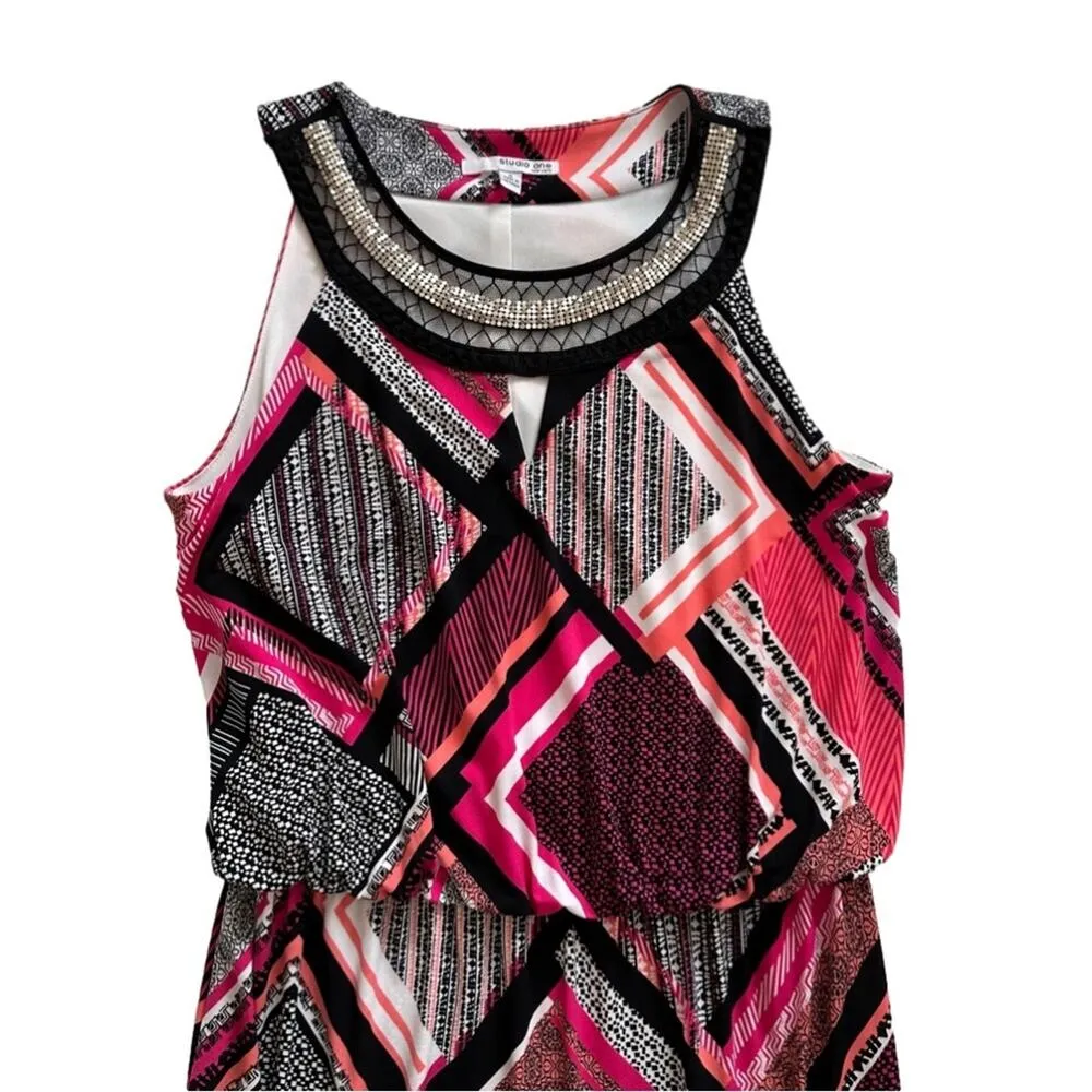 Studio One Maxi Dress Geometric Silver Embellished Neck Sleeveless Small - Image 8