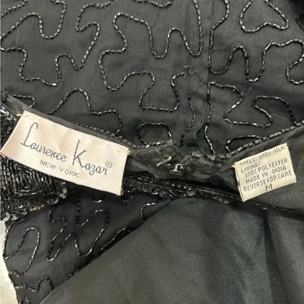 Laurence Kazar vintage Beaded Black 100% Silk Cocktail Dress LBD Sequins Medium - Image 2