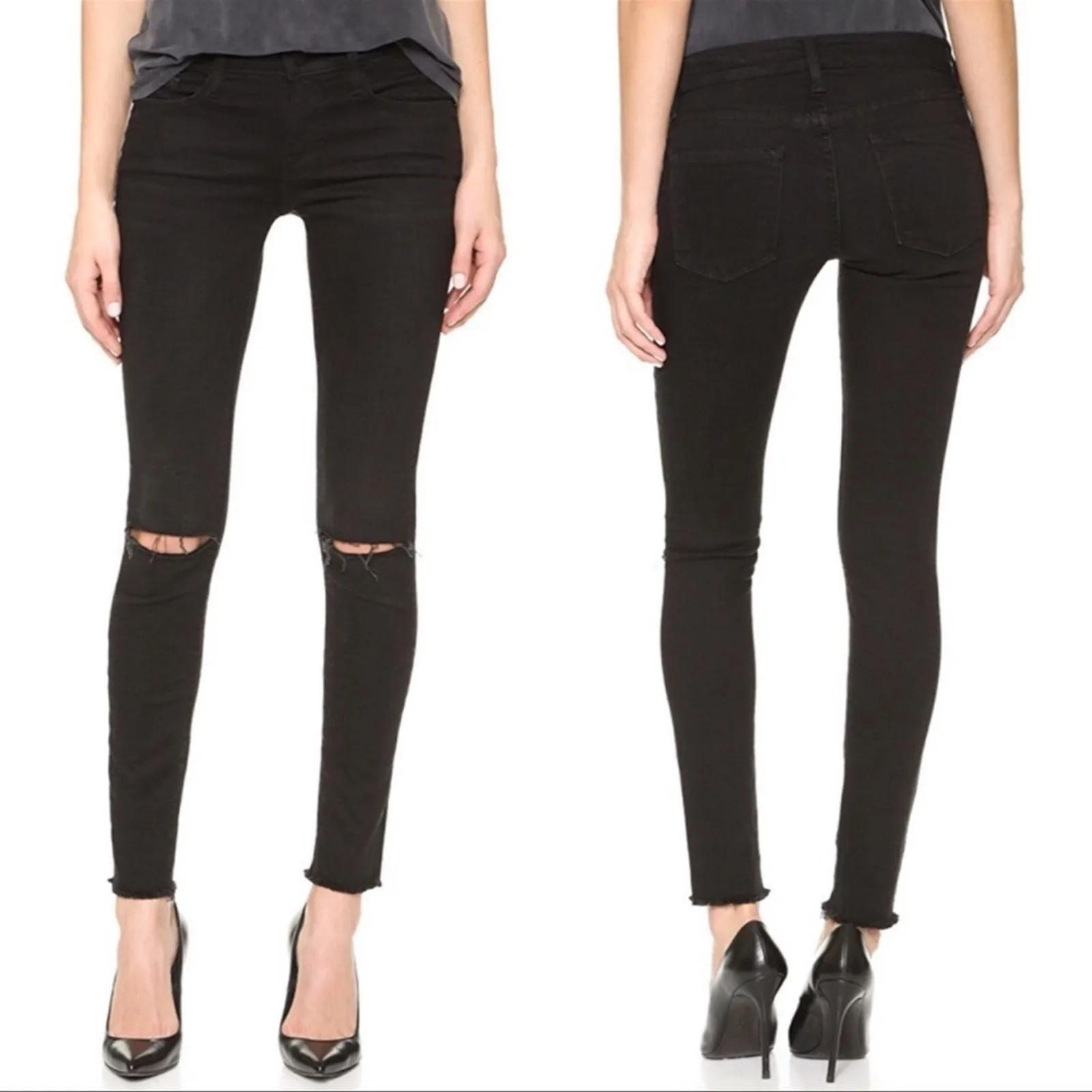 FRAME Le Skinny de Jeanne Black Acid Wash Ripped Jeans Raw Hem 26 - Image 2