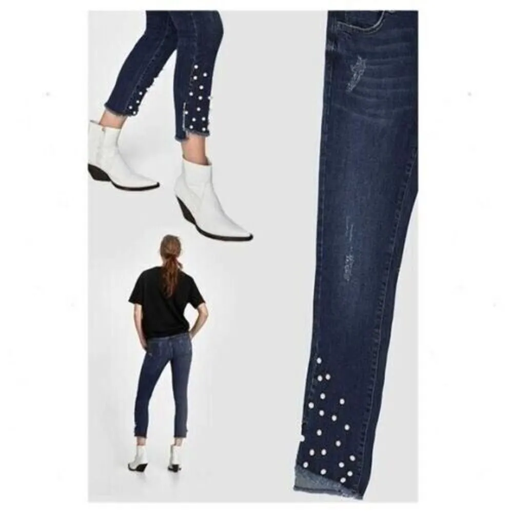 ZARA Mid Rise Raw Hem  Skinny Jeans Pearl Beaded Detail 5 Pockets 4 Dark Wash - Image 5