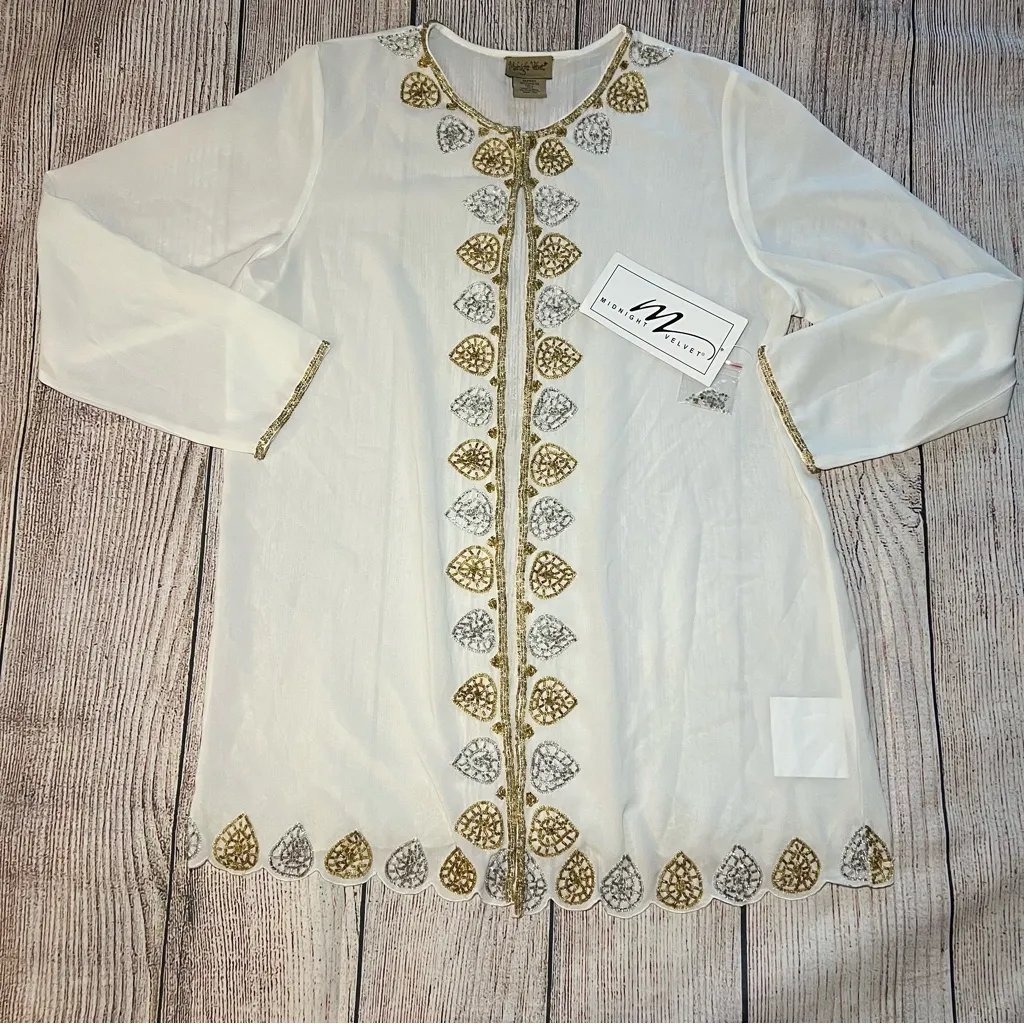 NEW Midnight Velvet Beaded Sheer Open Cardigan Women’s Size L Ivory Duster NWT White Size L - Image 1