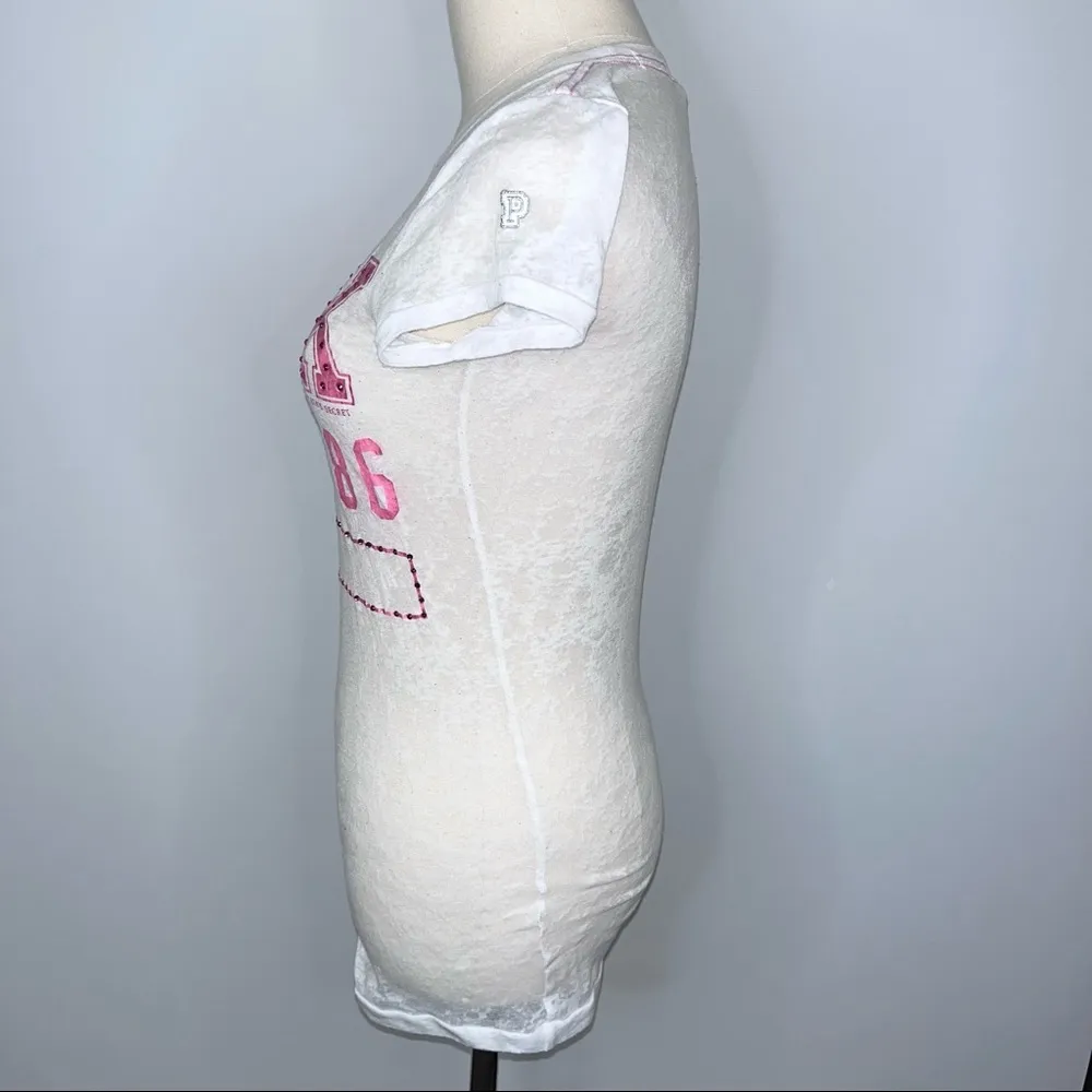 PINK VICTORIA’S SECRET White Pink Bling Sequin T Shirt XS Burnout Sheer RARE - Image 11