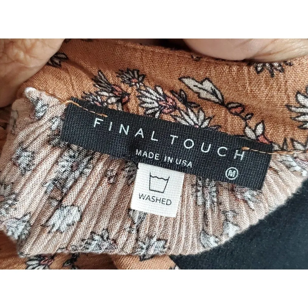 Final Touch Brown Peasant Floral Polyester Long Sleeve Tie-Up Top Blouse Size M - Image 9