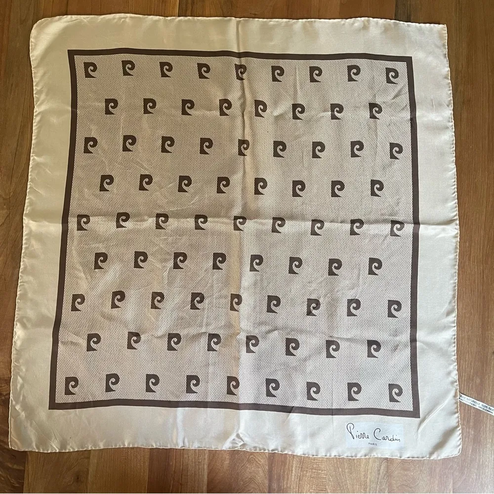 Vintage 70s Pierre Cardin Paris Signature Logo Silk Scarf Brown Ivory 25 x 26 - Image 4