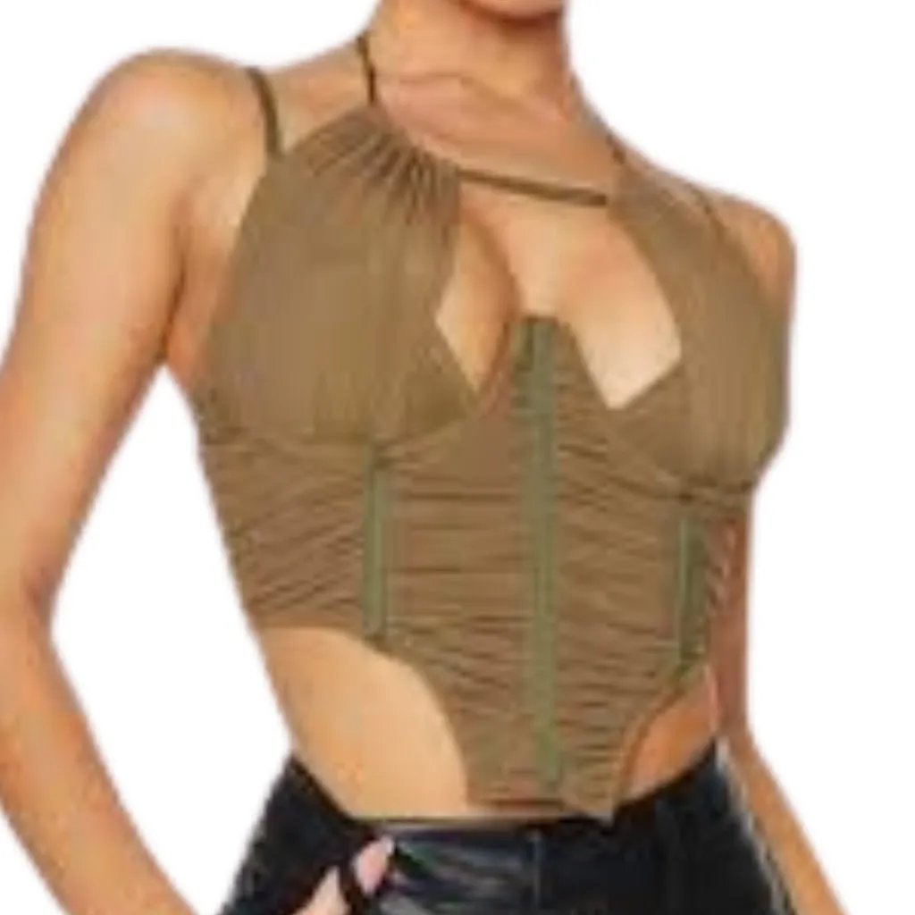 PrettyLittleThing Gathered Mesh Halterneck Underbust Corset Feminine Barbiecore - Image 2