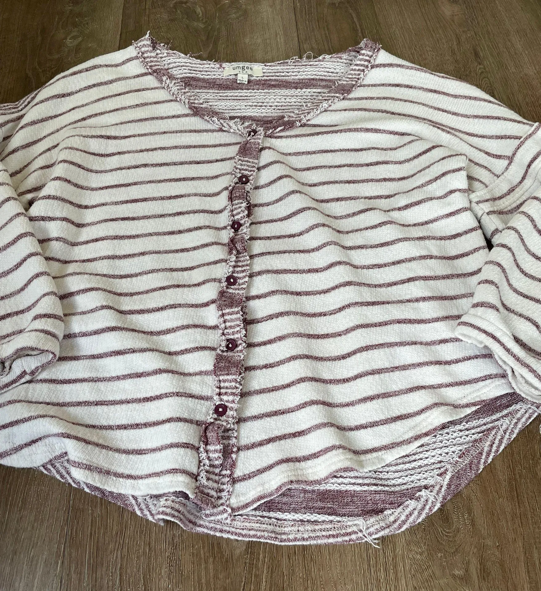 cardigan sweater maroon striped balloon sleeves short length Women’s sz L - Image 10