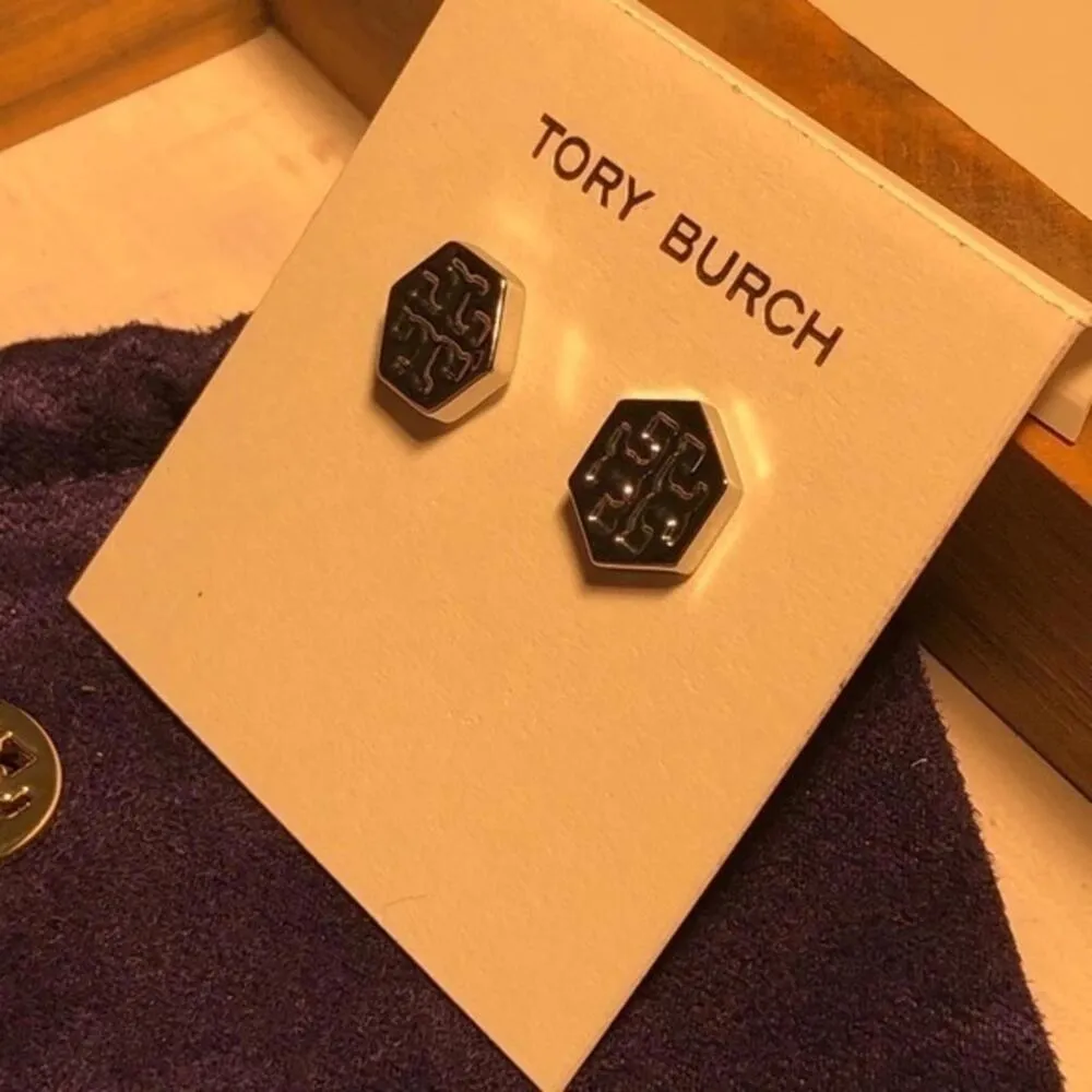 Tory Burch Hexagon Stud Earrings - Elegant Silver Design - Image 4