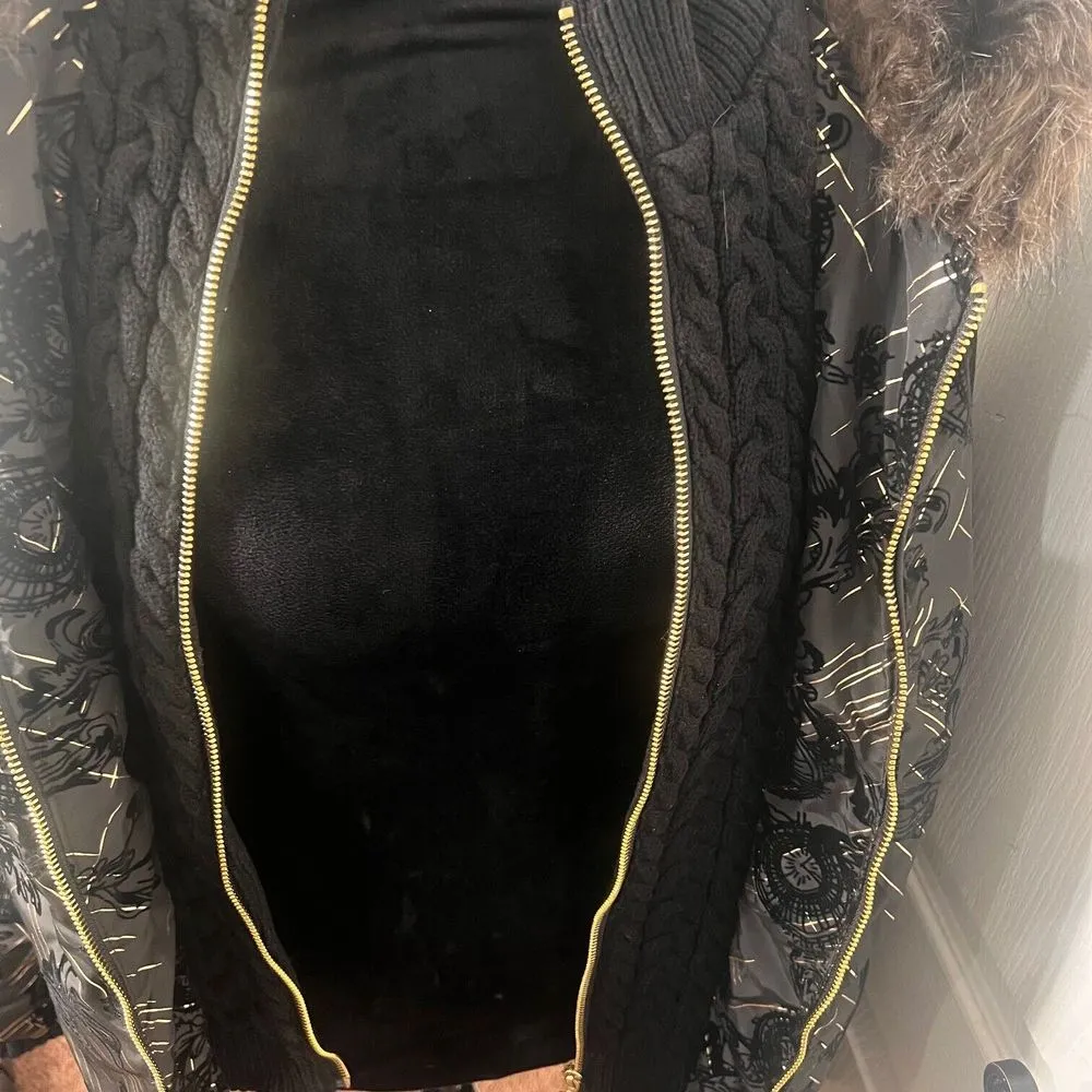 Desigual Womens Parka Black Gold Puffy Sweater Inset Hooded Faux Fur Size 6 NWT‎ - Image 12