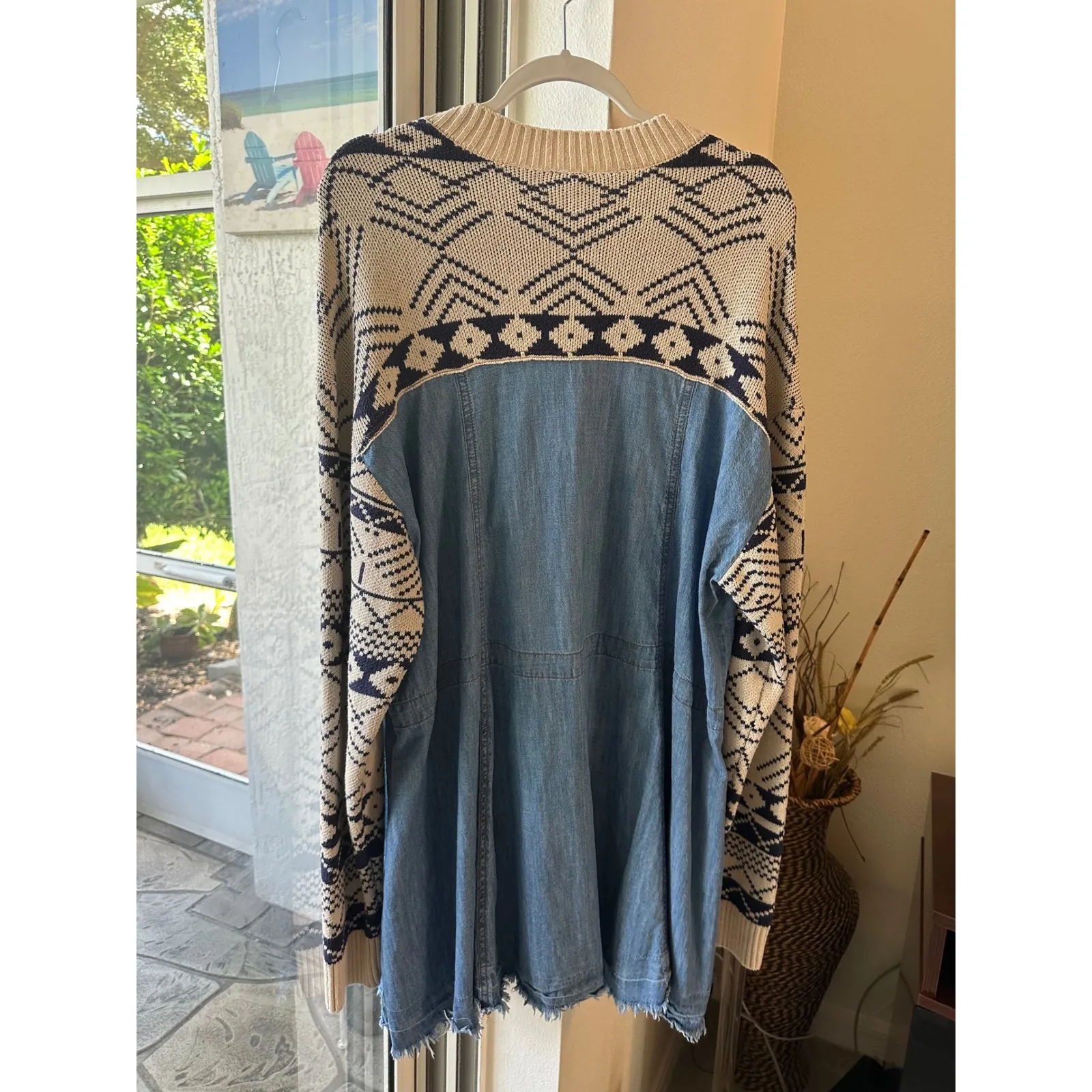 Free People Dominic Denim Mini Dress Knit Sweater Sleeves Button Down size L EUC - Image 8