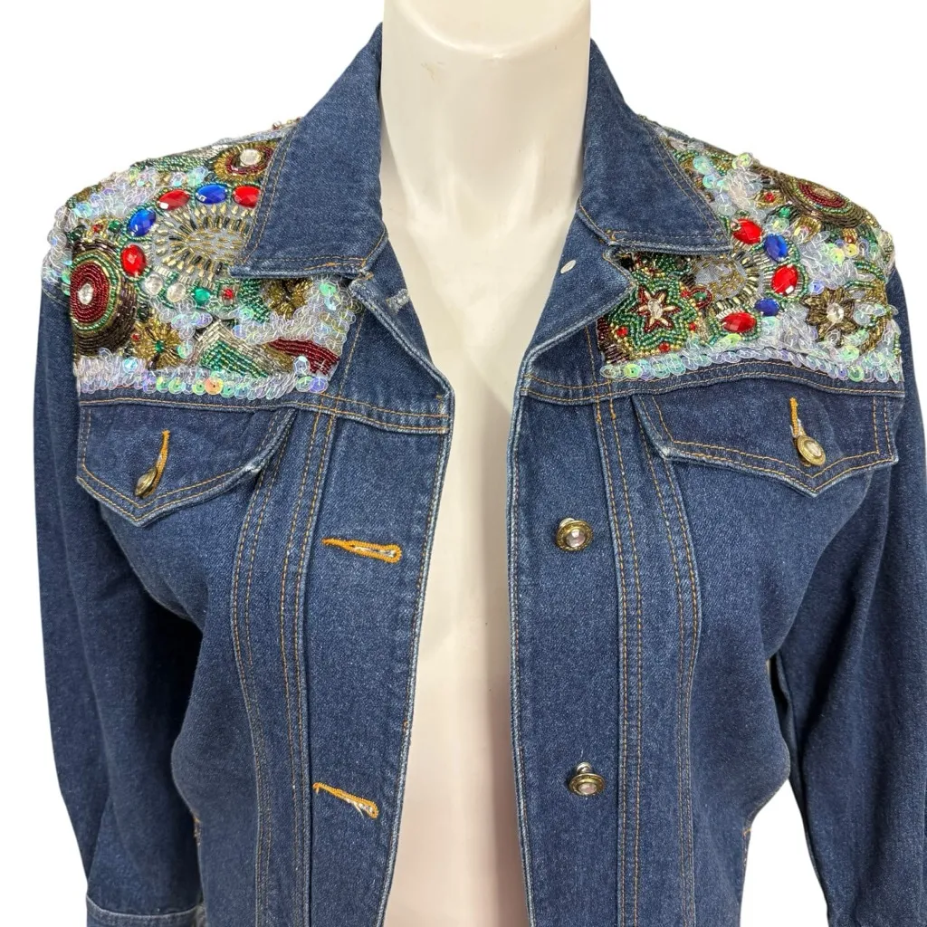 Vintage 1991 I.B. Diffusion Beaded Sequin Denim Jacket Made in Hong Kong Size L Blue Size L - Image 2