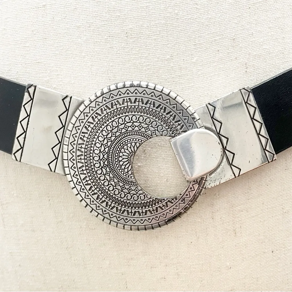 Chico’s Black Genuine Leather Belt SM Silver Round Medallion Buckle Boho Tribal - Image 2
