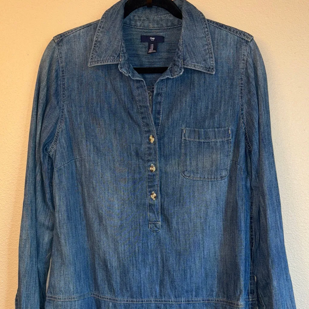 GAP Size MEDIUM Blue Denim Drop Waist Shirt Dress Tunic Popover Long Sleeve - Image 3