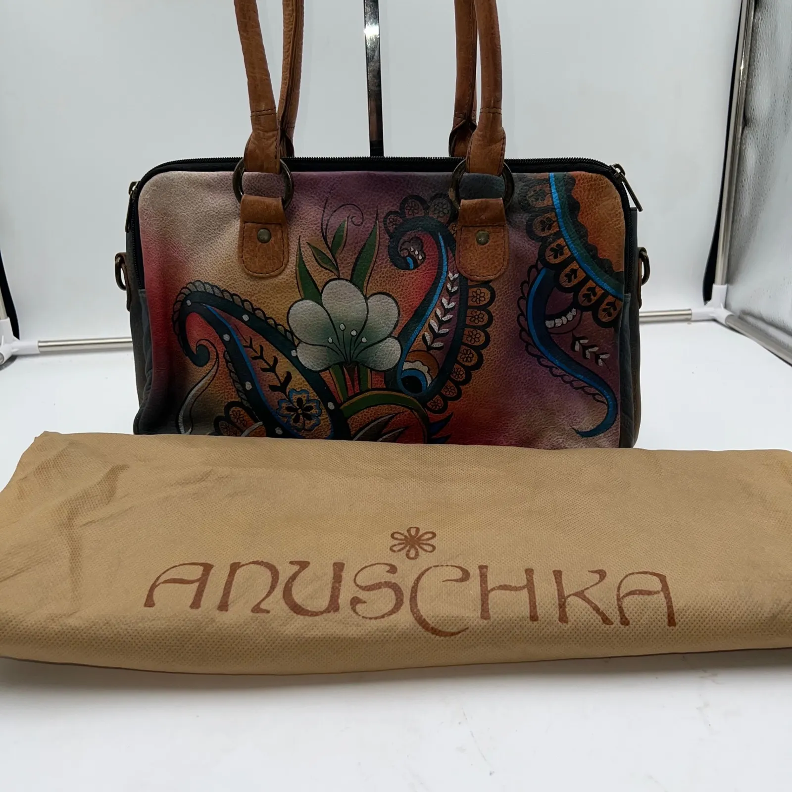 Anuschka Hand Painted Leather Satchel Crossbody Bag Floral Design Colorful - Image 11