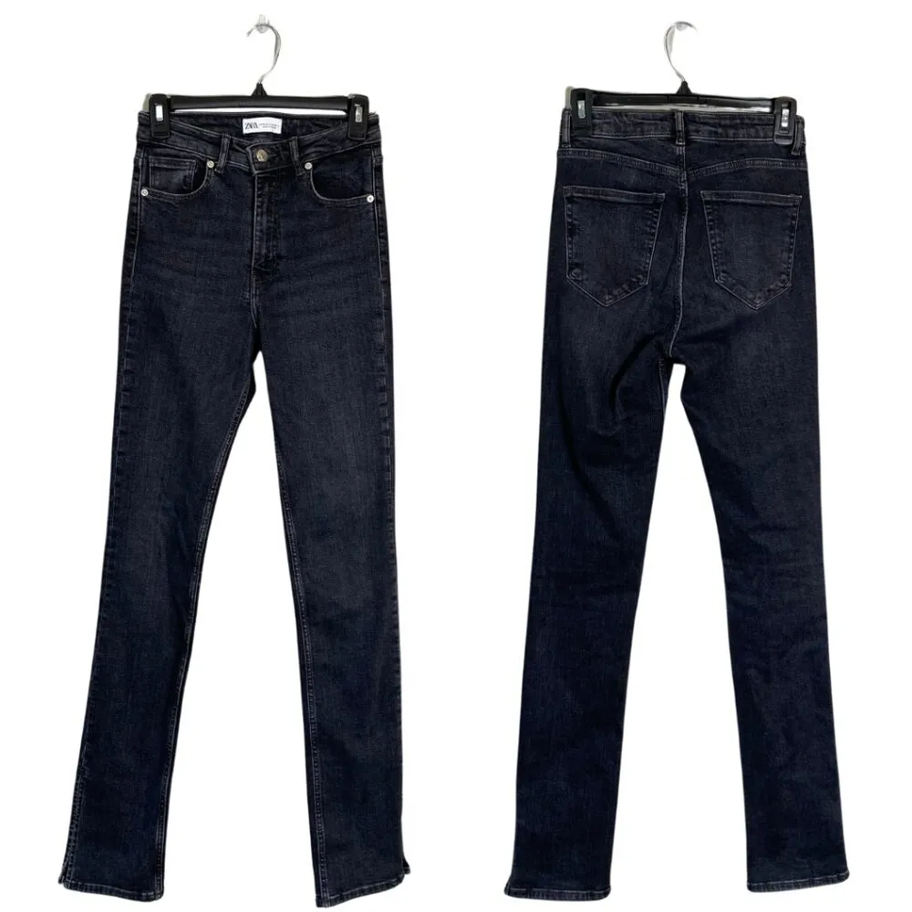 ZARA  Split Hem Flare Black Denim Jeans Women's Size 4 High Rise Neutral Stretch - Image 3