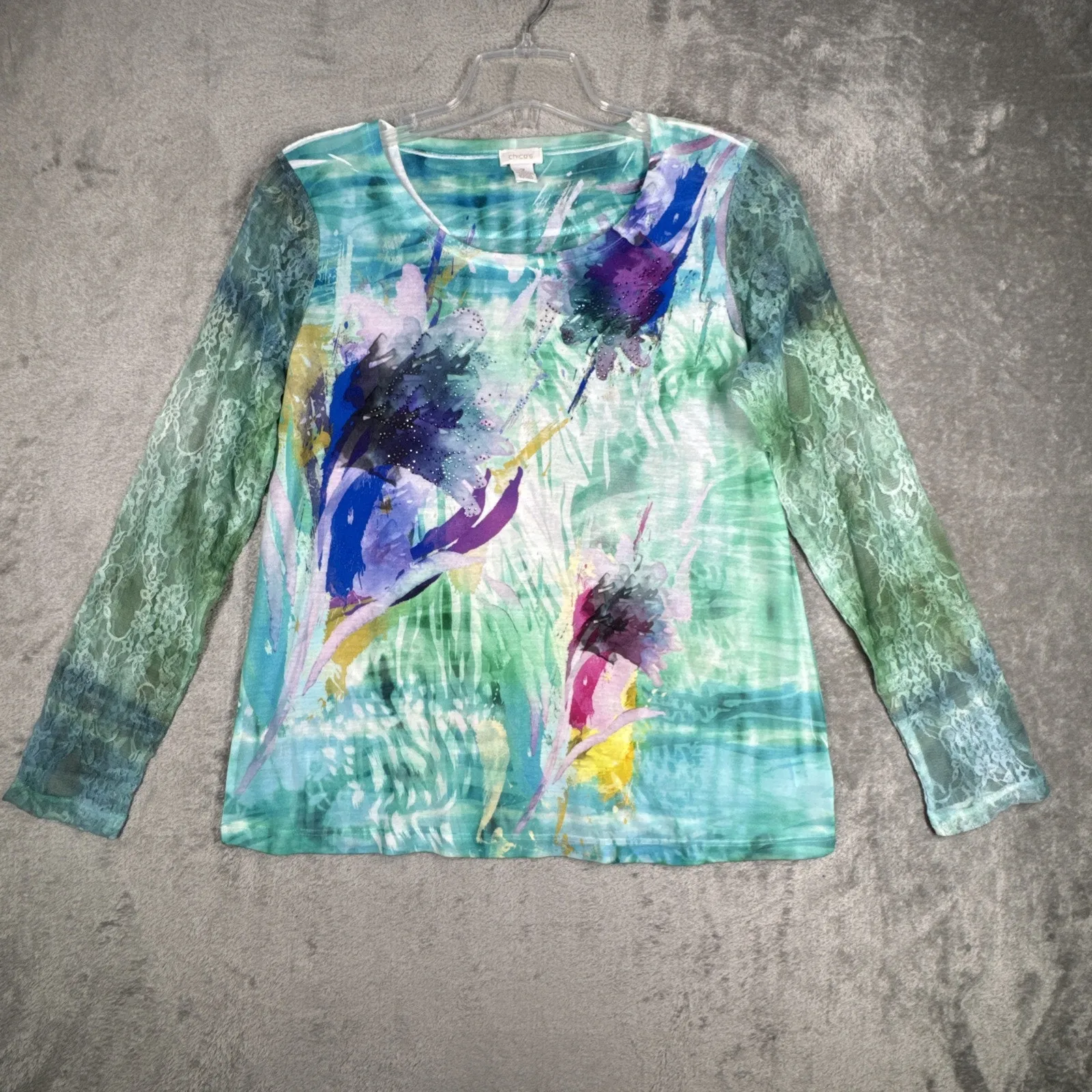 Chicos Shirt Womens Large Green Blue Watercolor‎ Brushstroke Colorful Beaded - Image 2