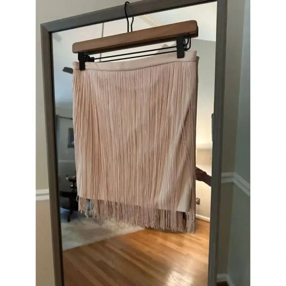 Bershka‎ Fringe Mini Skirt Tan Size 8 Boho Western Festival Faux Suede Tassel - Image 5
