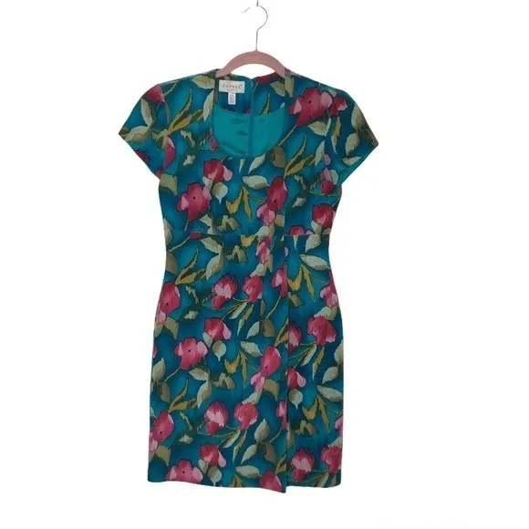 PAPELL Petites 100% Silk Turquoise Teal Floral Sheath Dress Size 2P Vintage - Image 11