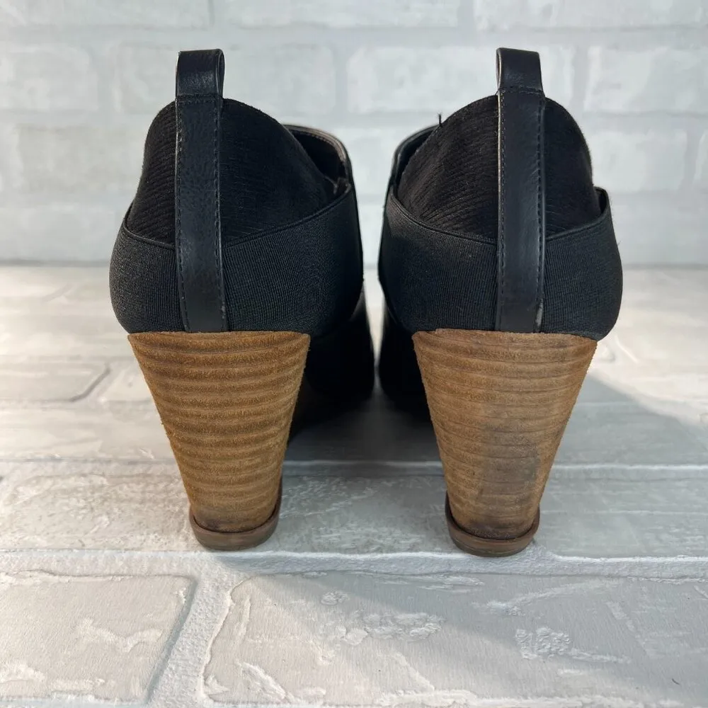 Dr Scholls Ankle Boots 9 Black Leather Wood Wedge Parler Booties Slip On Comfort - Image 3