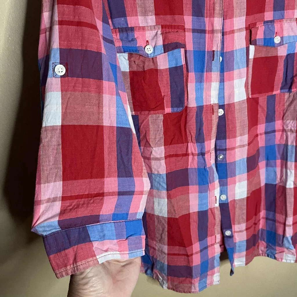 Croft & Barrow Pink Blue And White Plaid Lightweight Flannel Shirt - Image 2