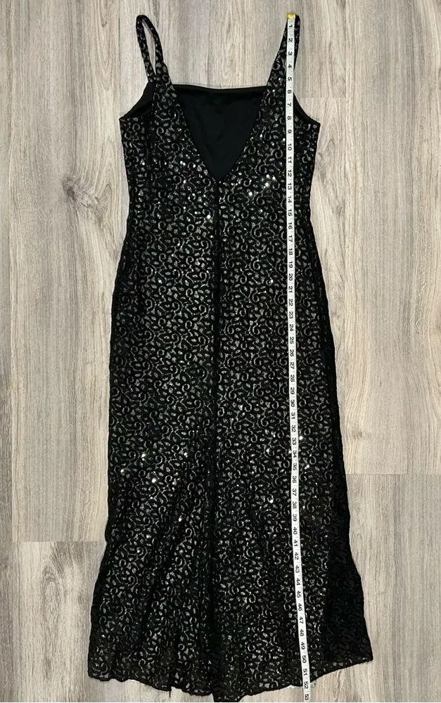 Vintage Jessica McClintock Gunne Sax Black Lace Silver Sequin Maxi Dress Size 10 - Image 2