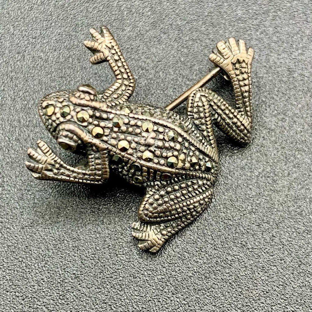 VTG Marcasite Stering Silver Frog Toad Pin Brooch 925 1” - Image 2