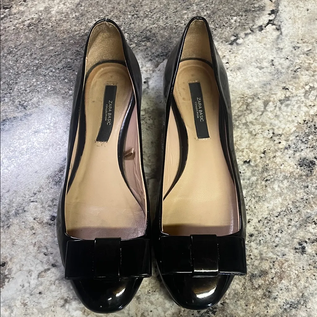 Zara Women's Black Patent Flats with Bow - Image 3